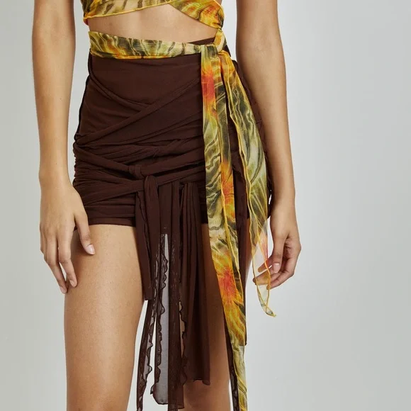 Kim Shui Brown Mesh Wrap Skirt